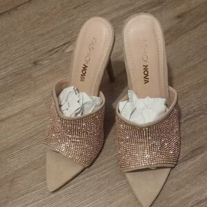 Fashion Nova Tan Crystal Embellished Heels